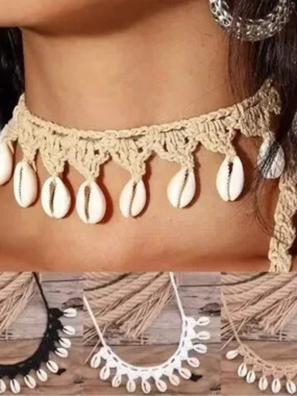 Boho Shell Crochet Choker Necklace - Beige